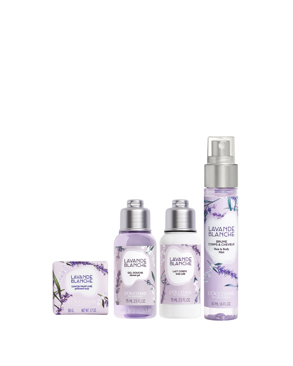 Combo Travel Size Lavande Blanche: Banho, Hidratação e Spray Perfumado
